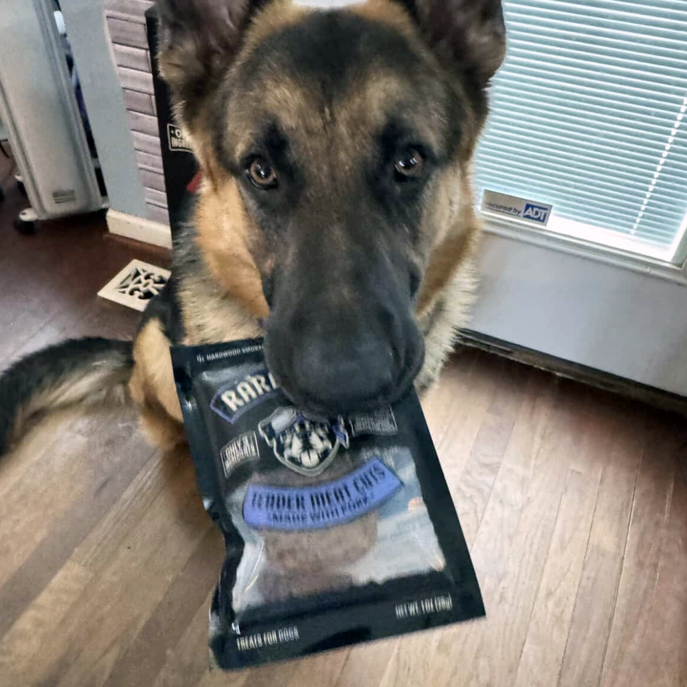 
                  
                    German Shepherd holding a bag of Rare Breed Dog treats in its mouth 
                  
                