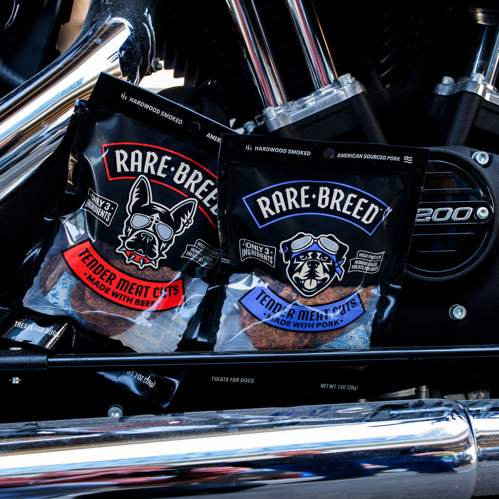 
                  
                    2, 1 oz bags of rare breed dog treats resting on the side of a harley davidson.
                  
                