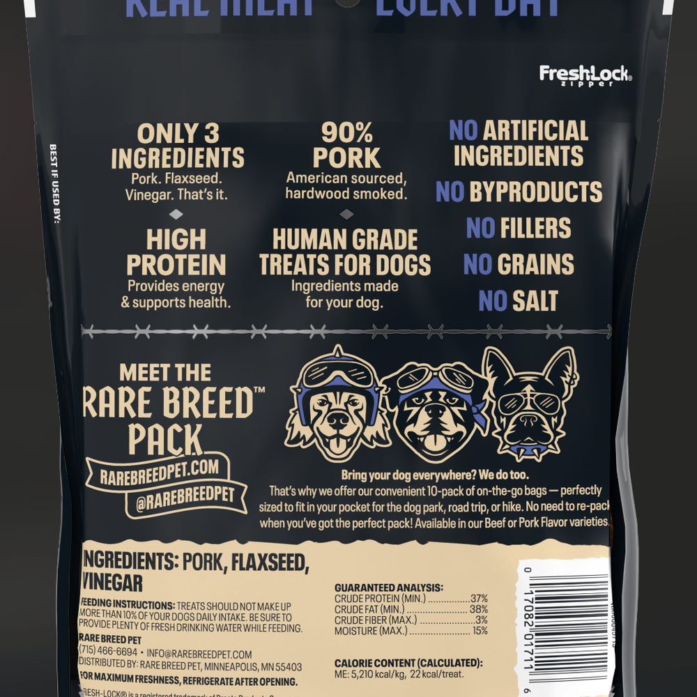 
                  
                    Rare Breed pork dog treats. Back of 1oz packaging 
                  
                