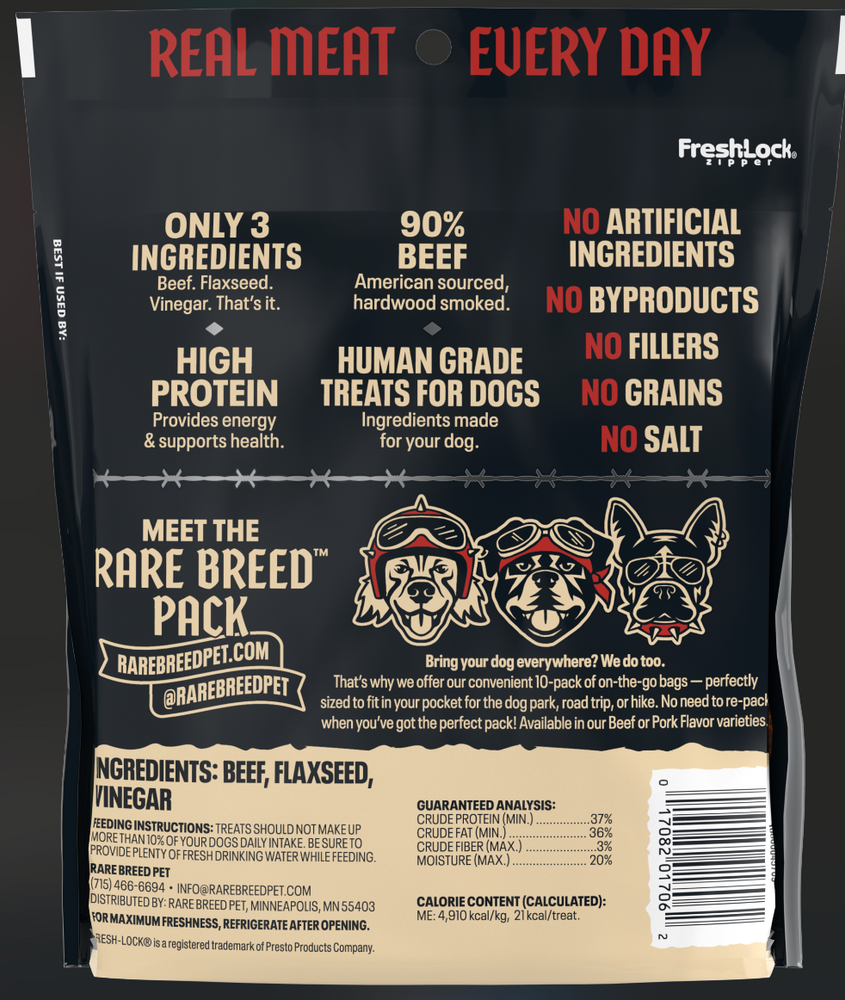 
                  
                    Rare Breed dog treats, beef, back of packaging. 
                  
                