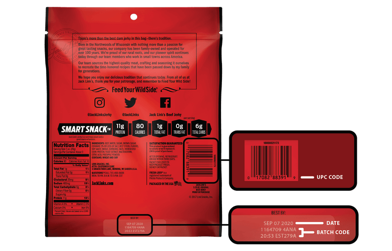 Packaging example showing UPC code and batch number location